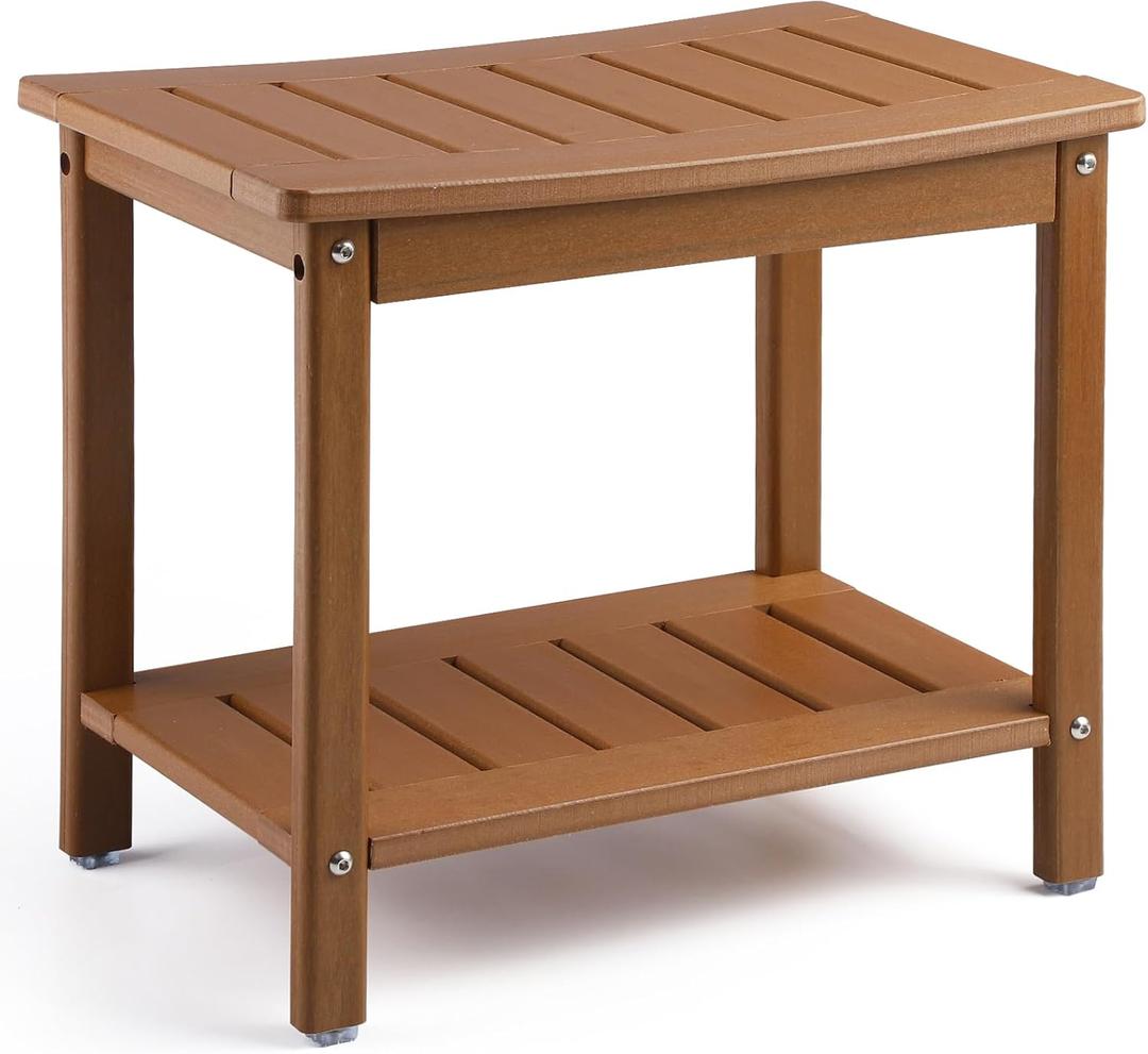 HDPE Shower Bench, 2-Tier Spa Stool with Storage Shelf, Non-Slip & Water Resistant Shower Seat (Teak L Size)