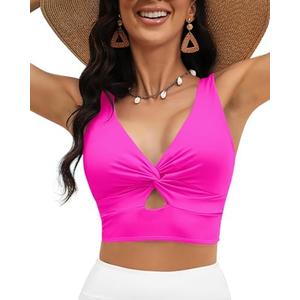 LookbookStore Tankini Tops for Women Cut Out Long Bikini Top Twist Knot Padded Adjustable Swimsuit Tops Only Resort Wear Size M