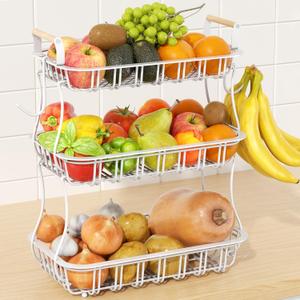 Fruit Basket for Kitchen Counter, 3 Tier Vegetable & Produce Storage Bowl, Fruteros para Cocina with 2 Banana Hooks, Fruit Holder Stand with Mesh Top, Tiers Can Be Separated, Large Capacity, Black (White)