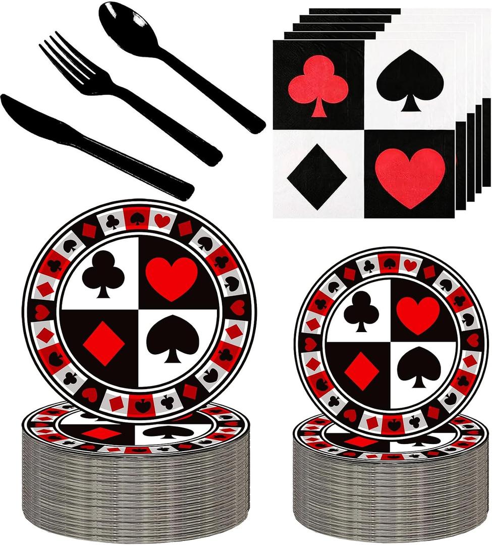 150Pcs Casino Poker Party Supplies - 9" & 7" Poker Paper Plates & Napkins - Knives, Forks, Spoons - Casino Theme Party Decorations