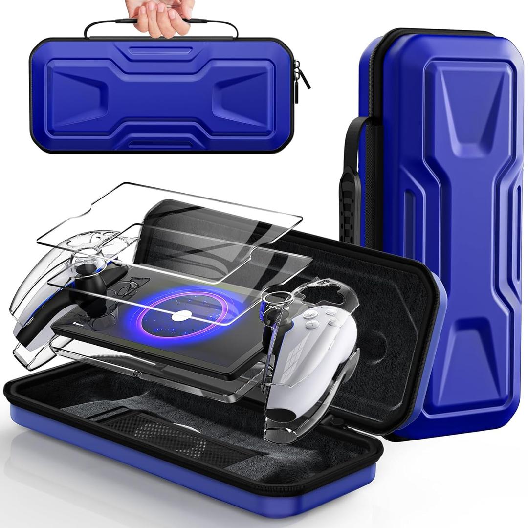 FYOUNG 3 in 1 Accessories Bundle for Playstation Portal, Carrying Case & Hard PC Clear Cover with Tempered Glass Screen Protector, Protective Case & Hard Shell Travel Handbag for PS5 Portal (Sapphire Blue)