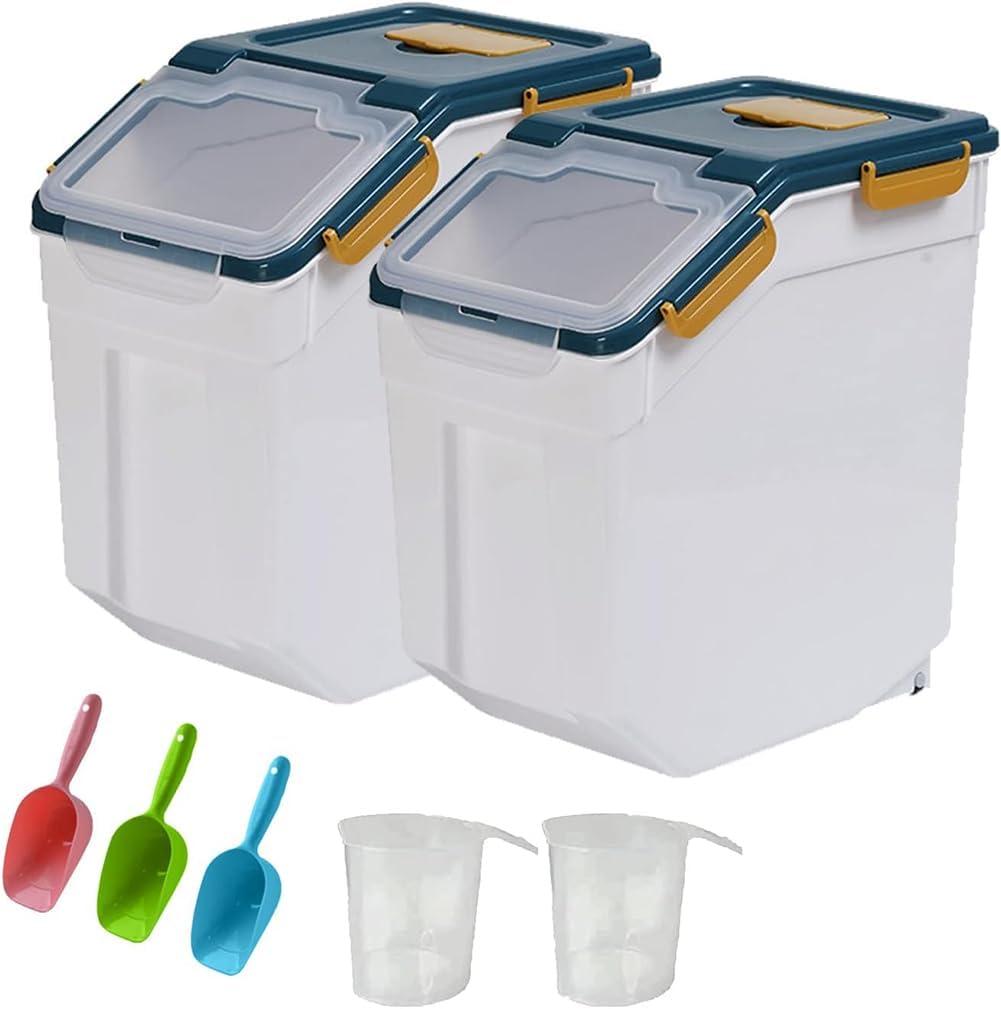 25LB Large Flour Storage Container Bin ,2 Pack Airtight Plastic with Wheels Seal Locking Lid Dispenser Organizer Storage Bin with Measuring Cup & Scoop for Flour, Rice, Grain 50LBS Total, 13 Inches