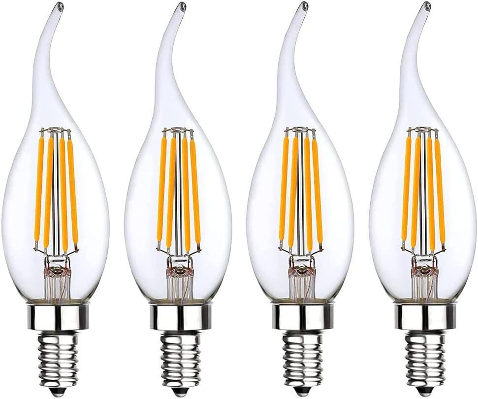 Low Voltage 12V 24V Candelabra E12 Base LED Light Bulb Flame Tip 40Watt Equivalent Warm White 2700k for 12volt Landscape Lighting RV Camper Marine Boat Solar Battery use 4 Pack