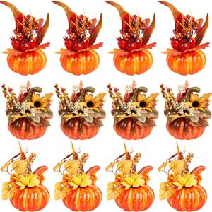 Leinuosen 12 Pcs Fake Pumpkin Centerpiece for Table 6 Inch Pumpkins with Maple Sunflower Berry Decorative Pumpkins Artificial Foam Pumpkin for Fall Harvest Halloween Thanksgiving Table Decoration