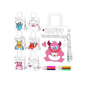 Dispowreath 30 Pcs Valentine's Day Paper Coloring Bags with Handle Color You Own Valentine Cartoon DIY Candy Bag with 30 Pcs Watercolor Pens Craft Goody Bag for Kids Party Favor Gift (Stylish Style)