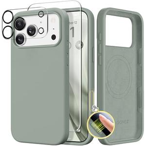 GONEZ Magnetic for iPhone 17 Pro Max Case, Compatible with MagSafe, [Screen Protector + Camera Lens Protector], Liquid Silicone Anti-Scratch Shockproof Protective Phone Case 6.9 inch, Calke Green