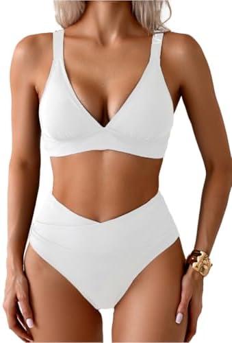 Memashore Sexy Ribbed Bikini Set 2 Piece Womens High Waisted V-Cut Cheeky High Leg Tummy Control Longline Swimsuit S