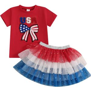 Kayotuas 4th of July Toddler Girl Outfit USA Bow Shirt Red White Blue Sparkle Star Tulle Skirt Set Fourth of July Tutu Dress (Red, 4-5T)