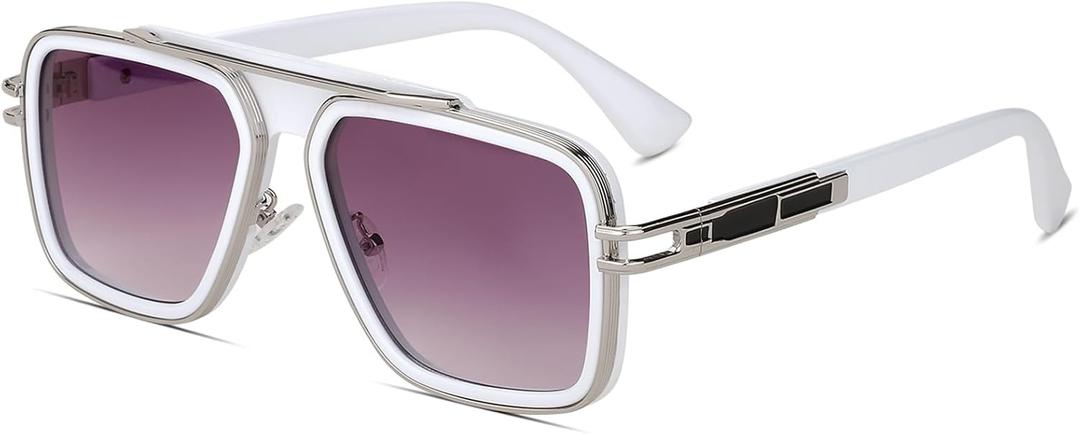 Trendy Retro Sunglasses for Men Women Stark Vintage Shades 70s Italian Fashion Square Metal Glasses (White)