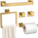 Bathroom Accessory Towel Bar Set: 5 Pieces Gold Bathroom Hardware Square SUS304 Stainless Steel - Wall Mounted Towel Rack & Toilet Paper Holder & Towel Ring and Towel Hook