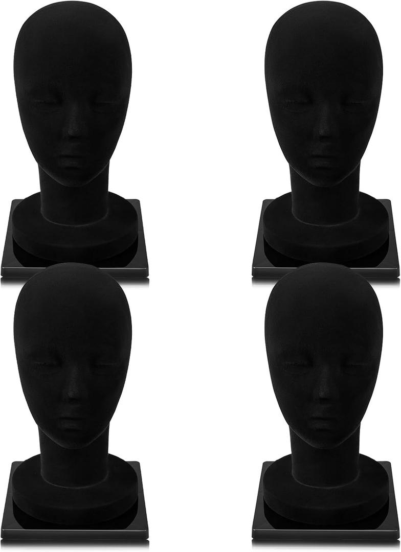 AceOrbit 4 Sets Mannequin Head with Holder Base Foam Mannequin Wig Head Non Topple Wig Styling Holder Base for Tabletop Display Style Model Hair Hat Hairpieces Mask Salon Travel (Unisex,Black)