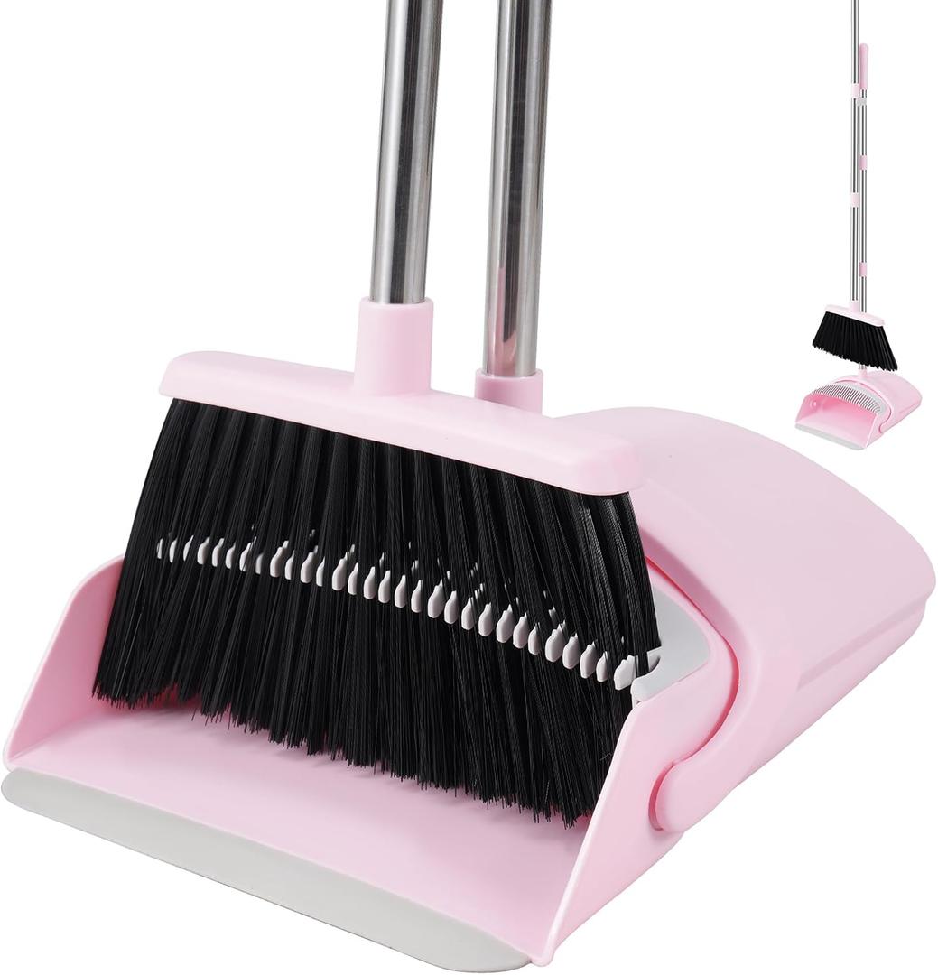 BSKLIN Broom and Dustpan Set, 52 Long Adjustable Handle Broom with Dustpan Combo Set with Dust Pan Teeth to Clean Hair for Home Lobby Office (Pink)