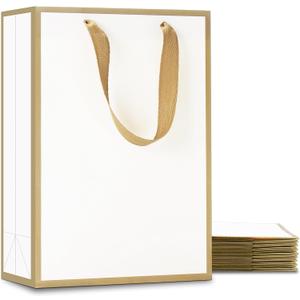 YACEYACE White Gift Bags - Medium Size, 10 Pcs, 8" x 4" x 10.5" with Gold Frame, Paper Party & Wedding Bags