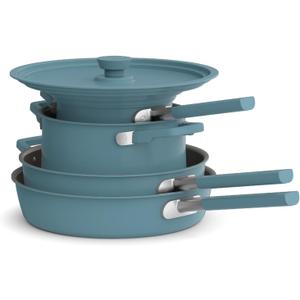 bella 9 Piece Ceramic Nonstick Cookware Set, Fits-anywhere Kitchenware w EverGood Coating, Dishwasher & Oven Safe, All Stovetops Compatible, Stackable Design, Cool Touch Handles, Surf
