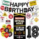 Roetyce 18th Birthday Decorations for Boys Girls, Caution Logos Happy 18th Birthday Banner Backdrop Balloons Hanging Swirls Kit, 18 Years Old Party Yard Door Wall Cover Background