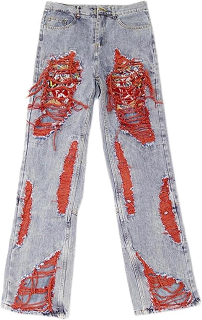 Men's High Street Hip Hop Ripped Brushed Heavy Embroidery Loose Straight Leg Jeans Design Pants Pants for Men (3X-Large, Blue)