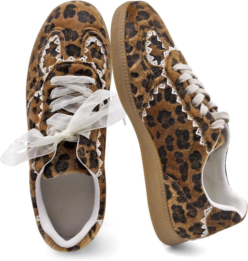 UBWDU Lace Fashion Ballet Sneakers for Women Trendy Cute Crochet Ribbon Lace-Up Casual Spring Shoes, 7, Leopard