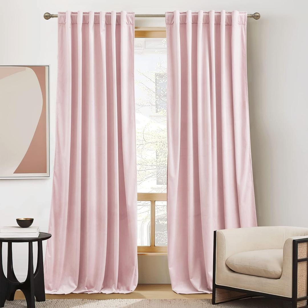 RYB HOME Pink Velvet Curtains 84 inches- Blackout Curtains for Living Room, Thermal Insulated Noise Reducing Panels Soft Luxury Window Decor for Bedroom, Blush Pink, W52 x L84 inches, 2 Panels