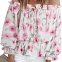 BLENCOT Summer Sexy Off Shoulder Tops for Women Boho Ruffle Sleeve Floral Chiffon Shirts Blouses (Pink, L)
