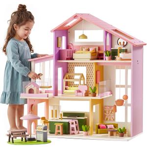 Tiny Land Wooden Doll House, Modern Family Dollhouse with Realistic Design, 7 Rooms Dollhouse with 49 PCS Accessories, Montessori Pretend Play Toddler Toy, Ideal Gift for Kids Ages 3+, Pink