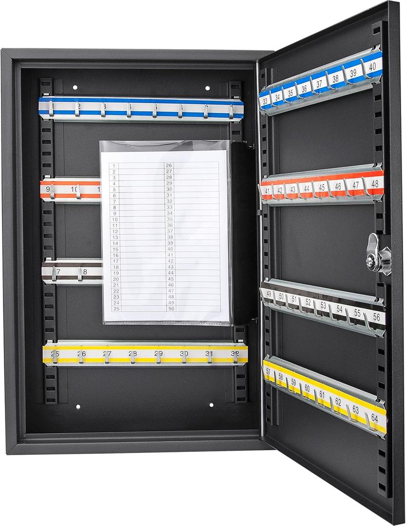 Barska 64 Position Key Lock Box  Steel Key Cabinet with Numbered Hooks, Key Log Sheet, Colored Tags, Index Chart, Labeled Shelves