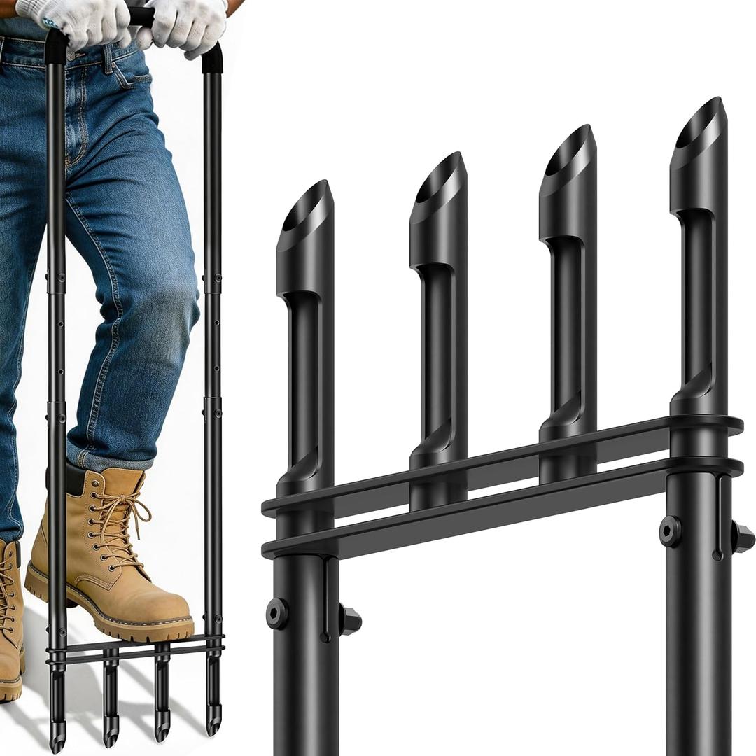 Knee-Friendly Manual Lawn Aerator Tool Adjustable SUS304 Stainless Steel Core Aerator for Grass, Yard Aeration Tool with 4 Hollow Tines for Lawn Care and Compacted Soil,43.3"-48.5",Black