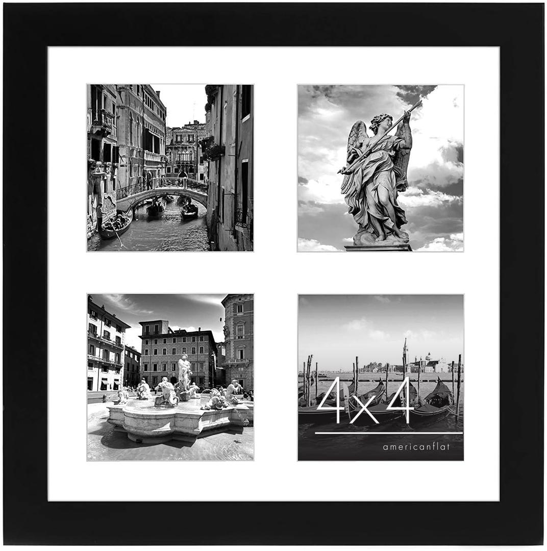 Americanflat 4x4 Picture Frame Collage with Shatter-Resistant Glass - Fits Four 4x4 Photos or Use as One 10x10 Picture Frame - Signature Collection - Collage Frames for Wall Display - Black