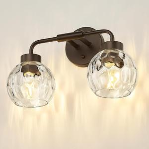 zeyu 2-Light Bathroom Vanity Light, Farmhouse Wall Sconce Lighting with Water Ripple Globe Glass, Oil Rubbed Bronze Finish, ZS62BG-2W ORB-WG