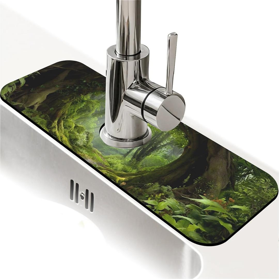 Kitchen Sink Splash Guardlush green forest Faucet Mat Sink Gadgets-Super Absorbent Fast Drying Mat Drip Catcher for Kitchen, Bathroom,Sink Mat, Dish Drying Mat, Bathroom(15" X 5.5" )