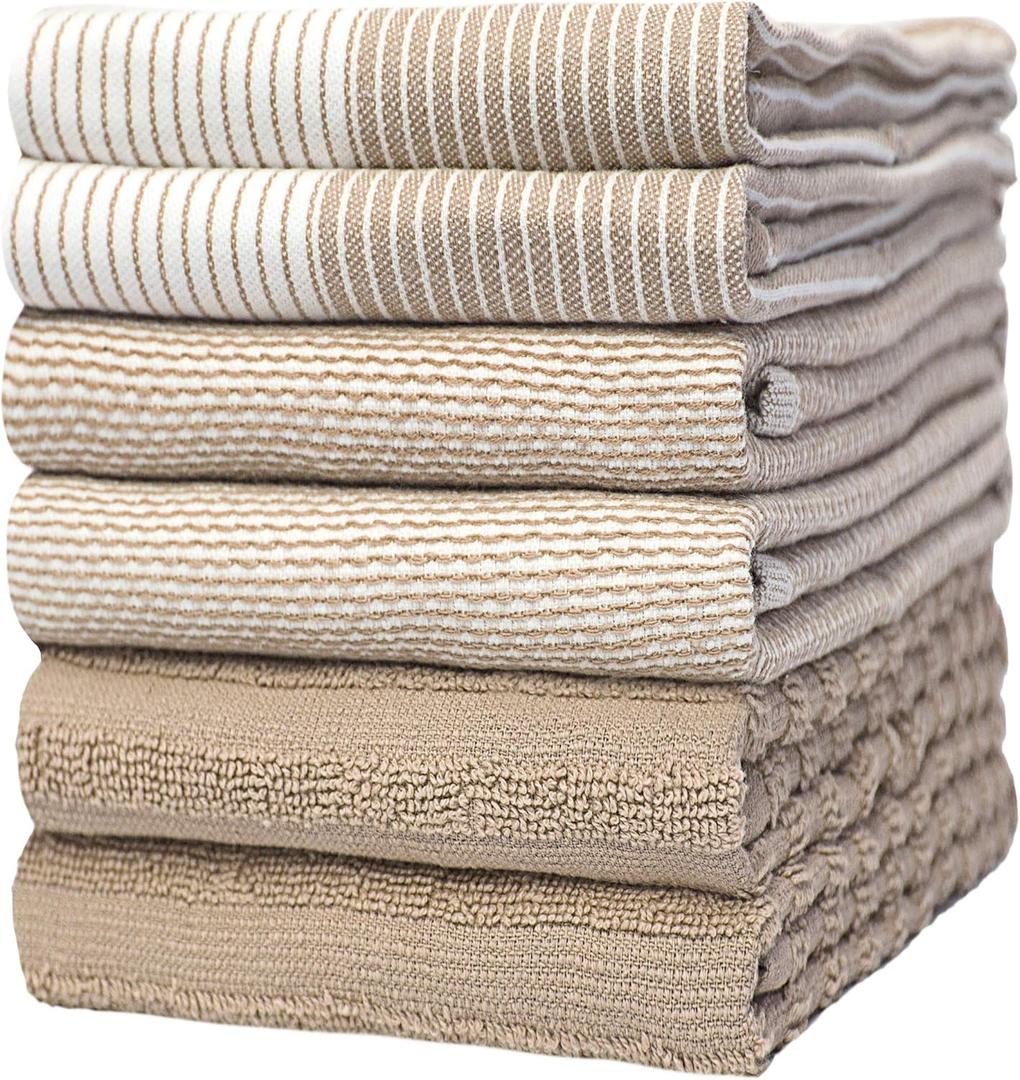 Premium Kitchen Towels (20x 28, 6 Pack) | Large Cotton Dish Towels | Flat & Terry Highly Absorbent Kitchen Linen Set with Hanging Loop | Tan