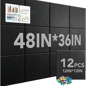 Cork Boards for Walls 36x48, 12 Pack Black Bulletin Board, Reusable Felt Wall Tiles with 70 Pins and Non-Marking Adhesives, Cork Board for Office Pin Board