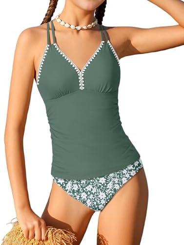 Queenstyle Girls Tankini Swimsuit V Neck Crochet Edge Bathing Suit Cross Back Straps Two Piece Swimwear for 9-16 Years