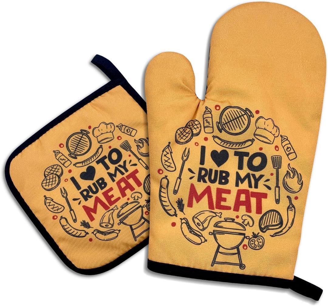 I Love to Rub My Meat,Funny Oven Mitts and Pot Holders,Silicone Non-Slip Oven Mitts,Chef Gift,Housewarming Gift Ideas,Cooking Baking BBQ Gifts