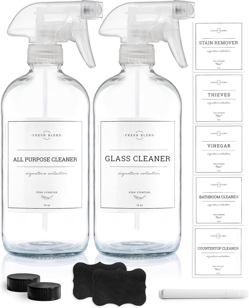 Vine Creations Glass Spray Bottles, 2 Pack Refillable Spray Bottles for Cleaning Solutions, Clear Spray Bottle for plants, Water Spray Bottle Sprayer, Glass Spray bottles 16 oz with Waterproof Labels (Clear Bottle / Clear Nozzle)