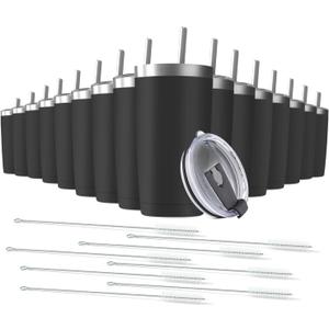 16 pack 20 oz Stainless Steel Insulated Tumbler with Straw and Lid, Double Wall Travel Coffee Mug Vacuum Insulated Bulk Tumbler, Suitable for Vehicle Cup Holders Black