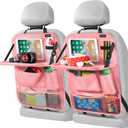 LUCMO Car Backseat Organizer with Tablet Holder-2 Pcs,6 Storage Pockets Car Storage Organizer with Foldable Food Tray,Protectors Kick Mats Travel Accessories-Pink (2 Pack with Food Tray)