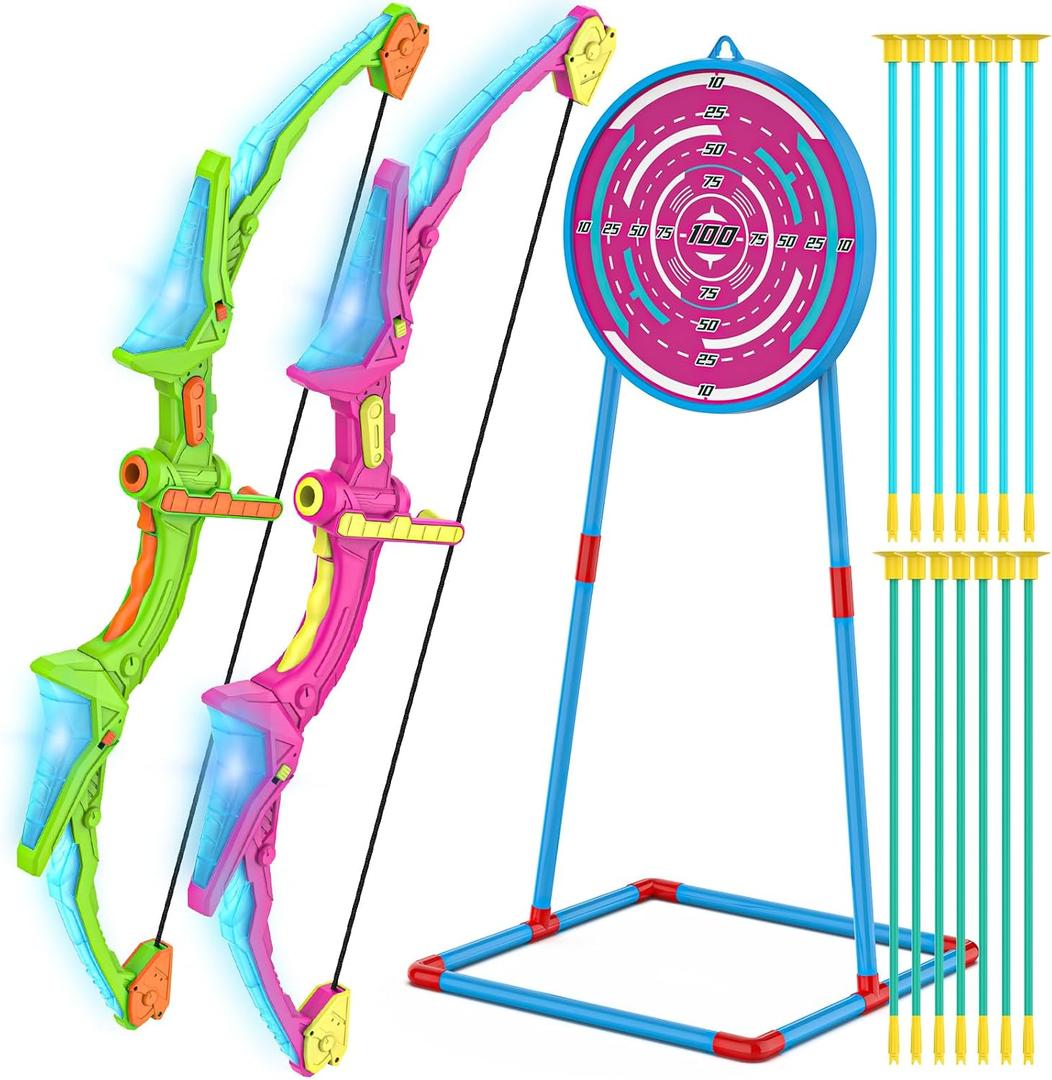 Kmuxilal 2 Pack Kids Bow and Arrow Set with LED Flash Lights, 14 Suction Cup Arrows and Standing Target-Perfect Indoor and Outdoor Archery Set Toy Gift for Boys and Girls Ages 4-12, Medium