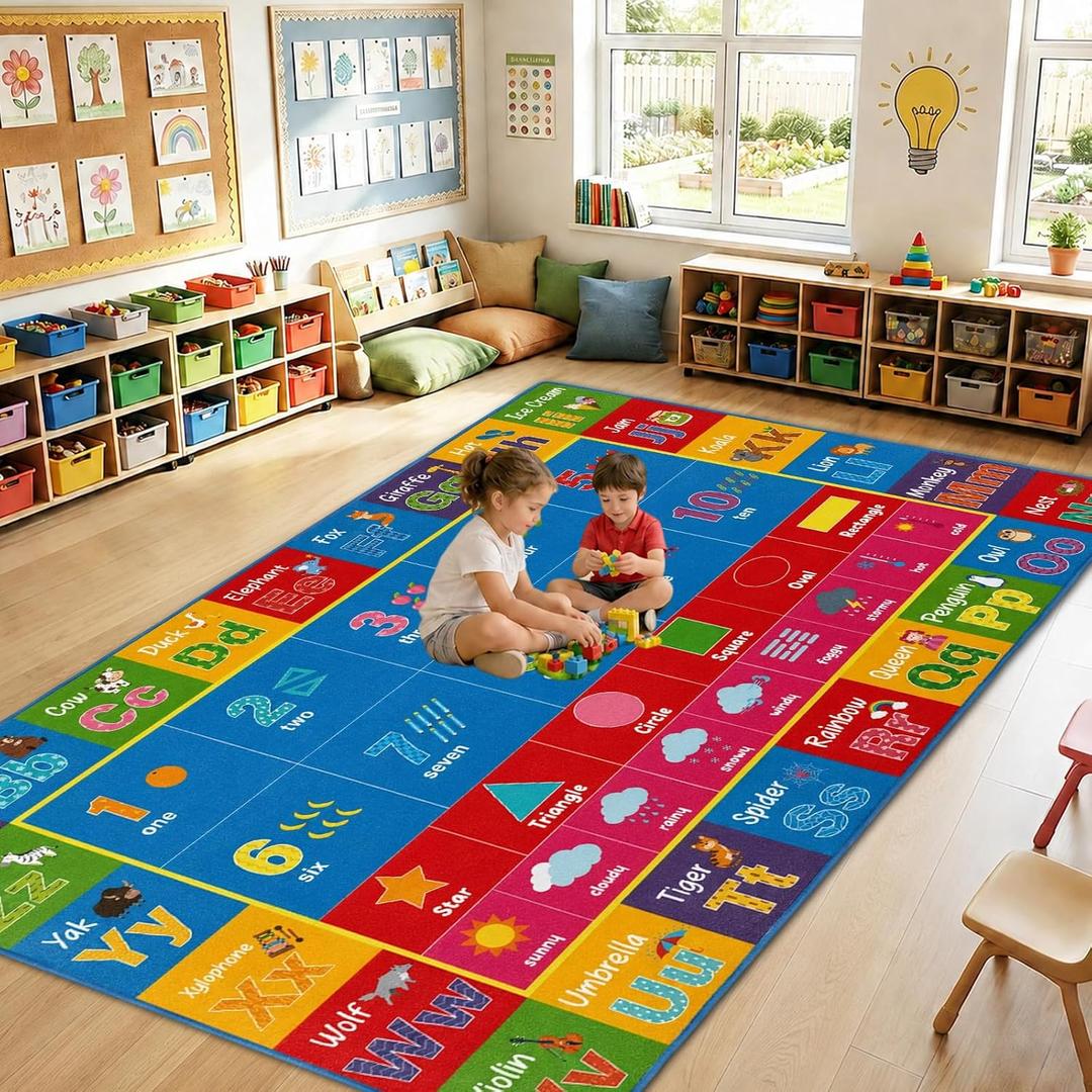 7.6x12 ft Large ABC Alphabet Classroom Rug Colorful Educational Area Mat Alphabets Shape Animal Fruit Play Carpet Educational Learning Mat for Back to School Preschool Nursery Kindergarten (Alphabet)