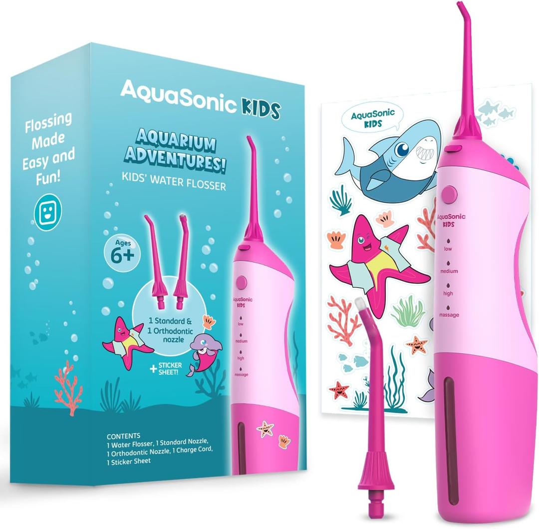 AquaSonic Kids' Water Flosser for Ages 6+ | Standard Nozzle, Orthodontic Nozzle & Waterproof Stickers | 4 Flossing Modes | Aquarium Adventures Theme (Pink)