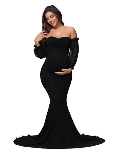 JustVH Maternity Mesh Puff Sleeve Off Shoulder Maxi Photoshoot Dress for Baby Shower Mermaid Hem Party Gown for Photography Black, Size M