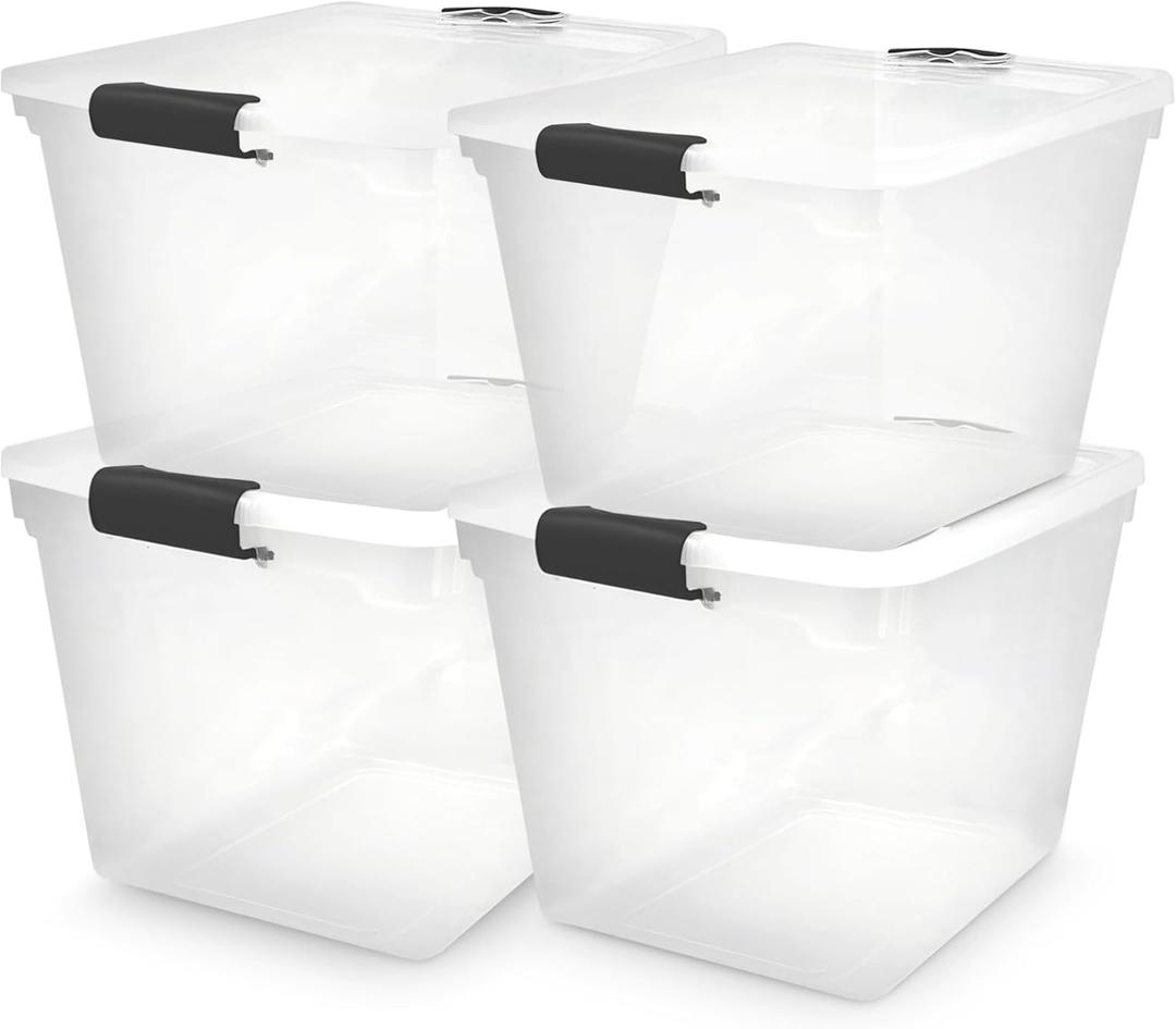 HOMZ 4-Pack Latching Lid, Large Clear Plastic Storage Bins with Lids, 31 Quart, Gray Latch - Stackable Container Boxes for Home, Bathroom, and Office Organization (31 QT (4 Pack))
