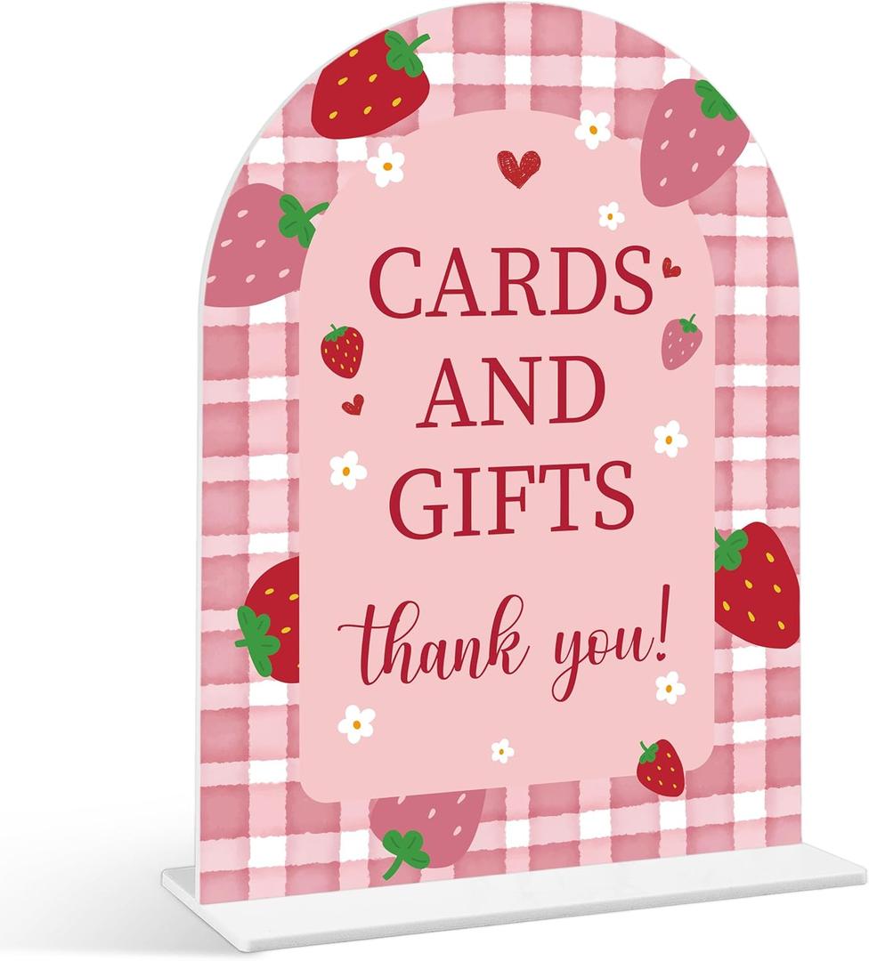 Cards and Gifts Sign - Strawberry Baby Shower Sign, 1 Pack Arch Acrylic Sign with Stand, Gender Reveal Party Table Decor, Berry Baby Shower Supplies (SE23)