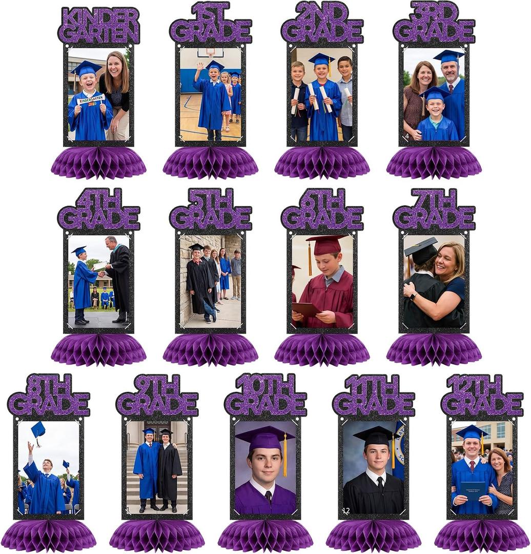 Yinkin 13 Pcs K-12 Graduation Decorations Class of 2026 Graduation Centerpieces for Tables Congrats Glitter Grad Honeycomb for Photo Toppers 4 x 6 in Picture Frame Display Party Decor(Purple)