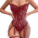 Lilosy Sexy Lace Up Floral Garter Underwire Teddy Bodysuit Lingerie Belt Women Top One Piece M