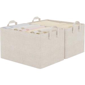 StorageWorks Storage Bins, Fabric Storage Bins for Shelves, Extra Large Storage Baskets with Metal Frame, Closet Baskets and Bins with Handles, Jumbo, Khaki and Beige Stripes, 2-Pack