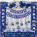 Blue Birthday Decorations for Men Women Boys, Happy Birthday Decorations Navy Blue and Silver, Happy Birthday Banner Balloons Tablecover Fringe Curtain Door Banner, Mens Boy Bday Party Supplies Decor