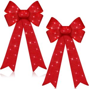 2 Pcs Christmas LED Wreath Bow Large 24 x 12 Inch Xmas Lighted Wreath Christmas Tree Topper Bows Winter Wall Decor for Holiday Indoor Outdoor Home Xmas Decoration (Burgundy)