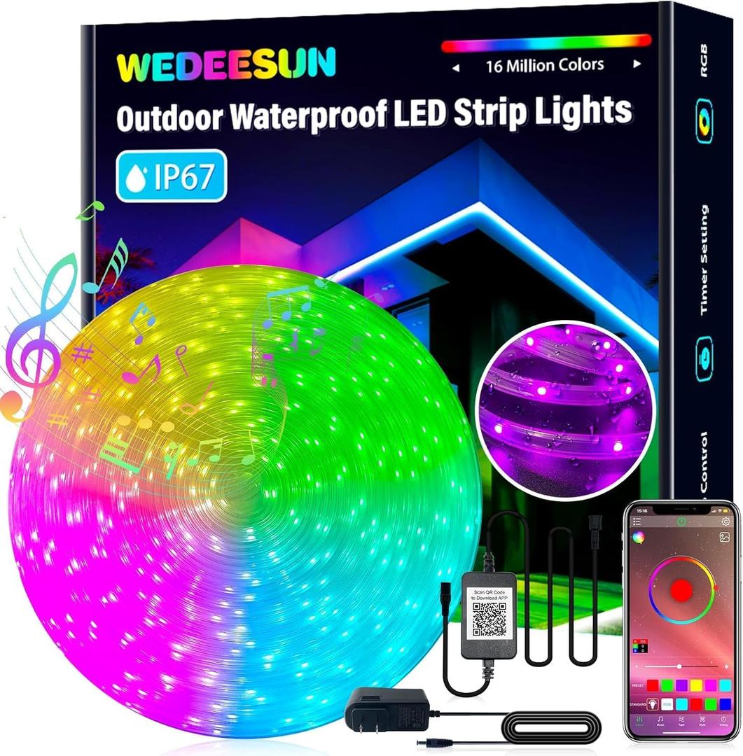100ft Outdoor Led Strip Lights Waterproof IP67 Outdoor LED Lights Music Sync RGB Color Changing Led Light Strip with Bluetooth App Led Lights for Bedroom Roof Party Christmas Halloween