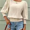 SOLY HUX Women's Casual Blouse Crew Neck Lantern 3/4 Sleeve Shirred Dressy Shirt Tops (S)