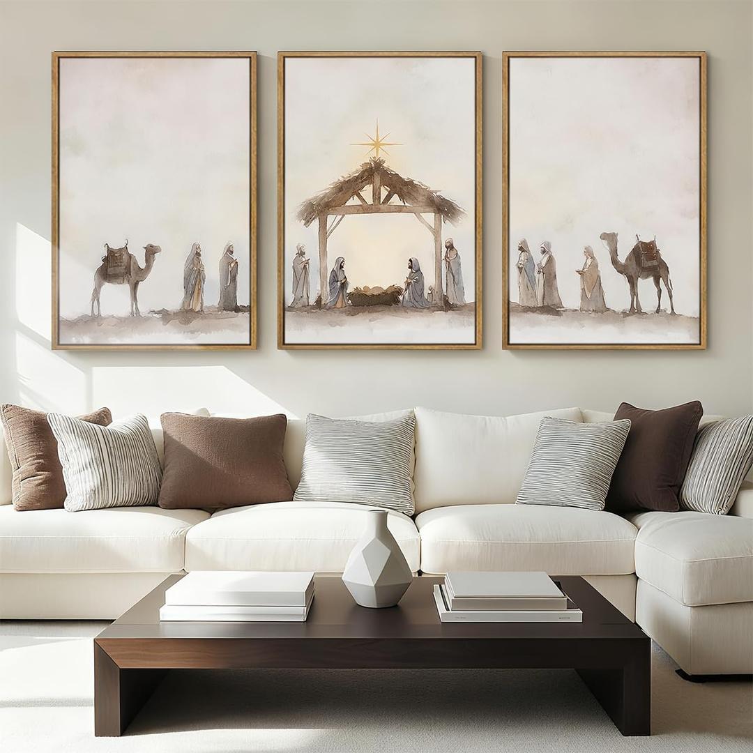 Anyzal Extra Large Jesus Framed Wall Art 24x36 Inch Easter Catholic Nativity Scene Canvas Artwork Christian Religious Birth of Jesus Painting for Living Room Bedroom Dining Room Set of 3